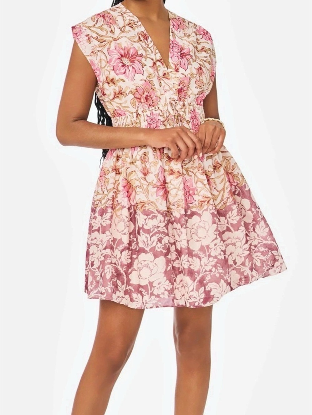 cece Floral Print Smocked Waist Mini Dress, Pink & White NWT sz L